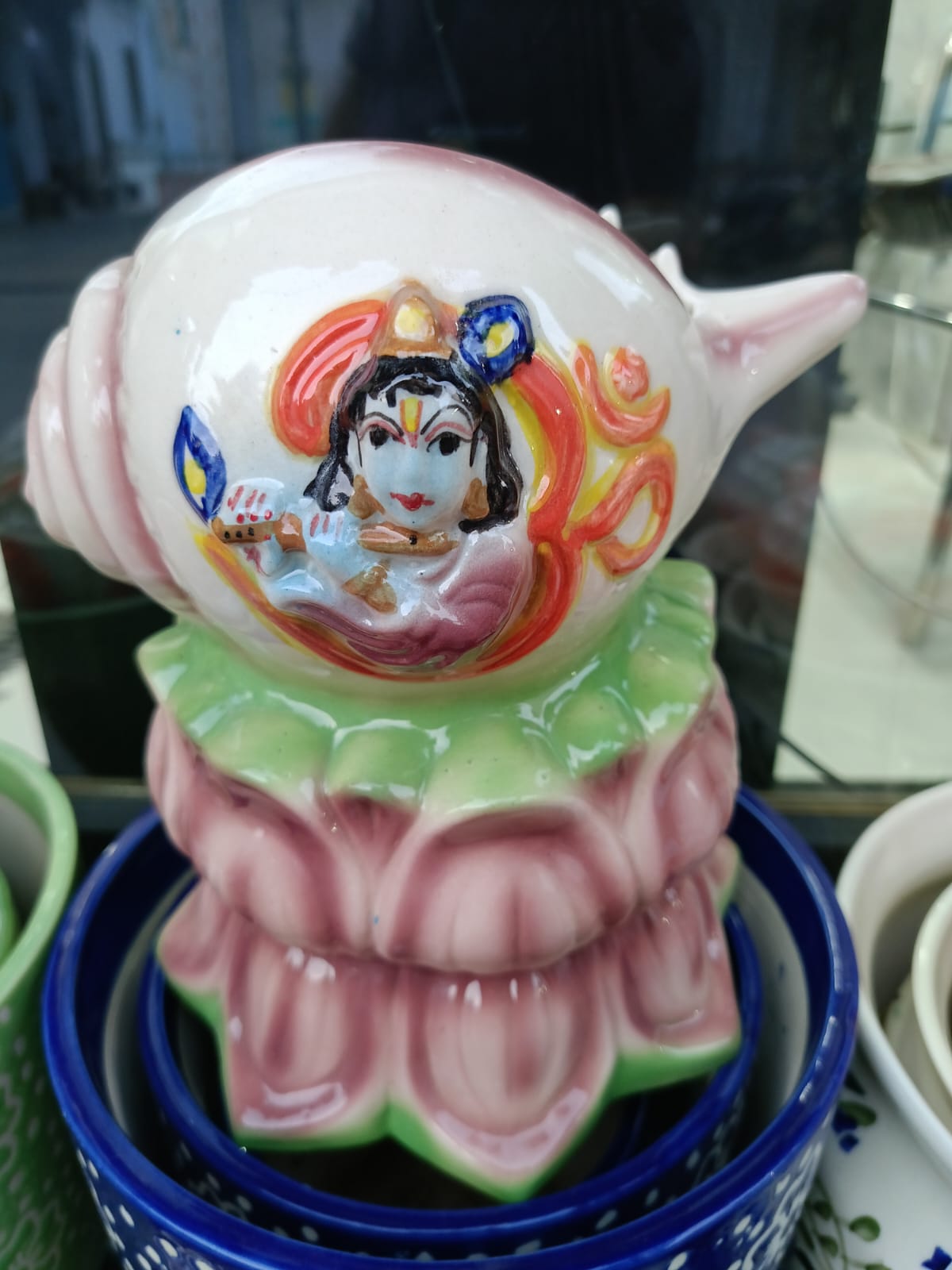 Shri Krishna on Shankh Tulsi Ceramic Pot, Padmanabham, Beawar